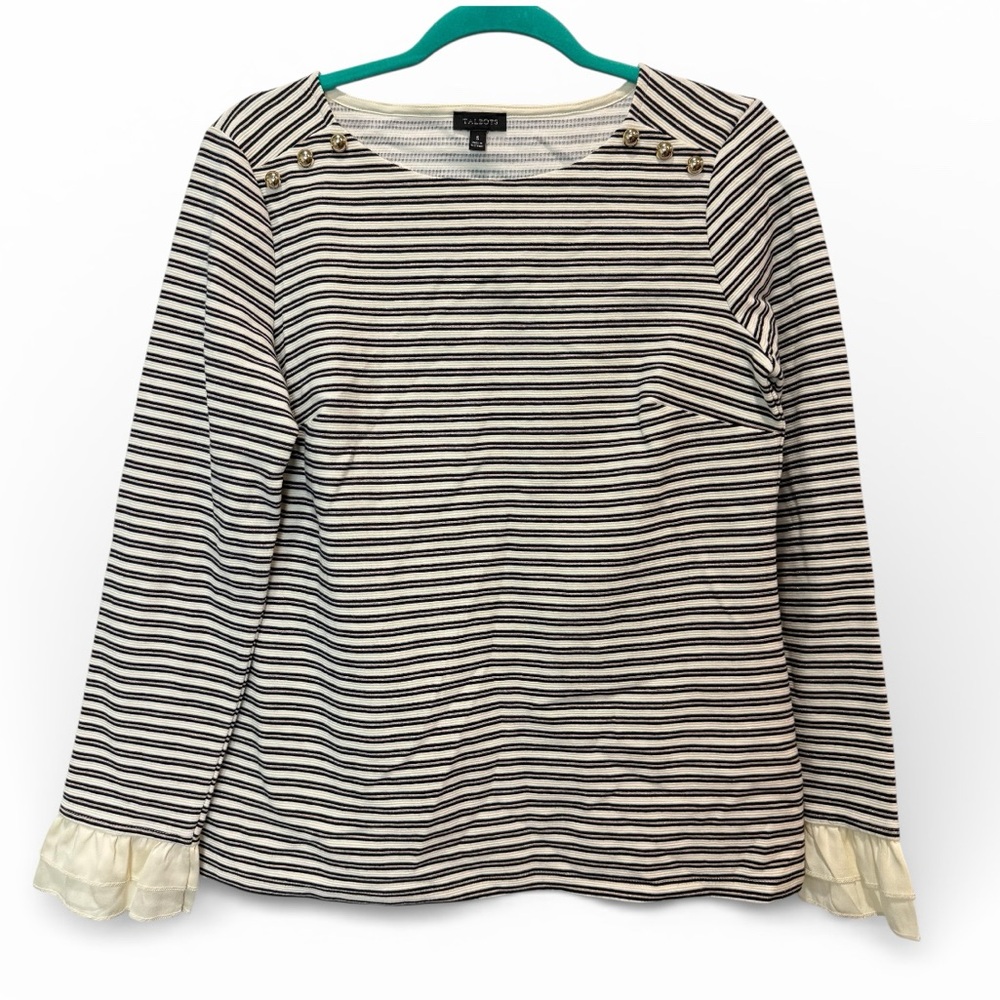 NWOT Talbots Striped Gold Button Ribbed Boatneck Ruffle Wrist Hem Top Size Small
